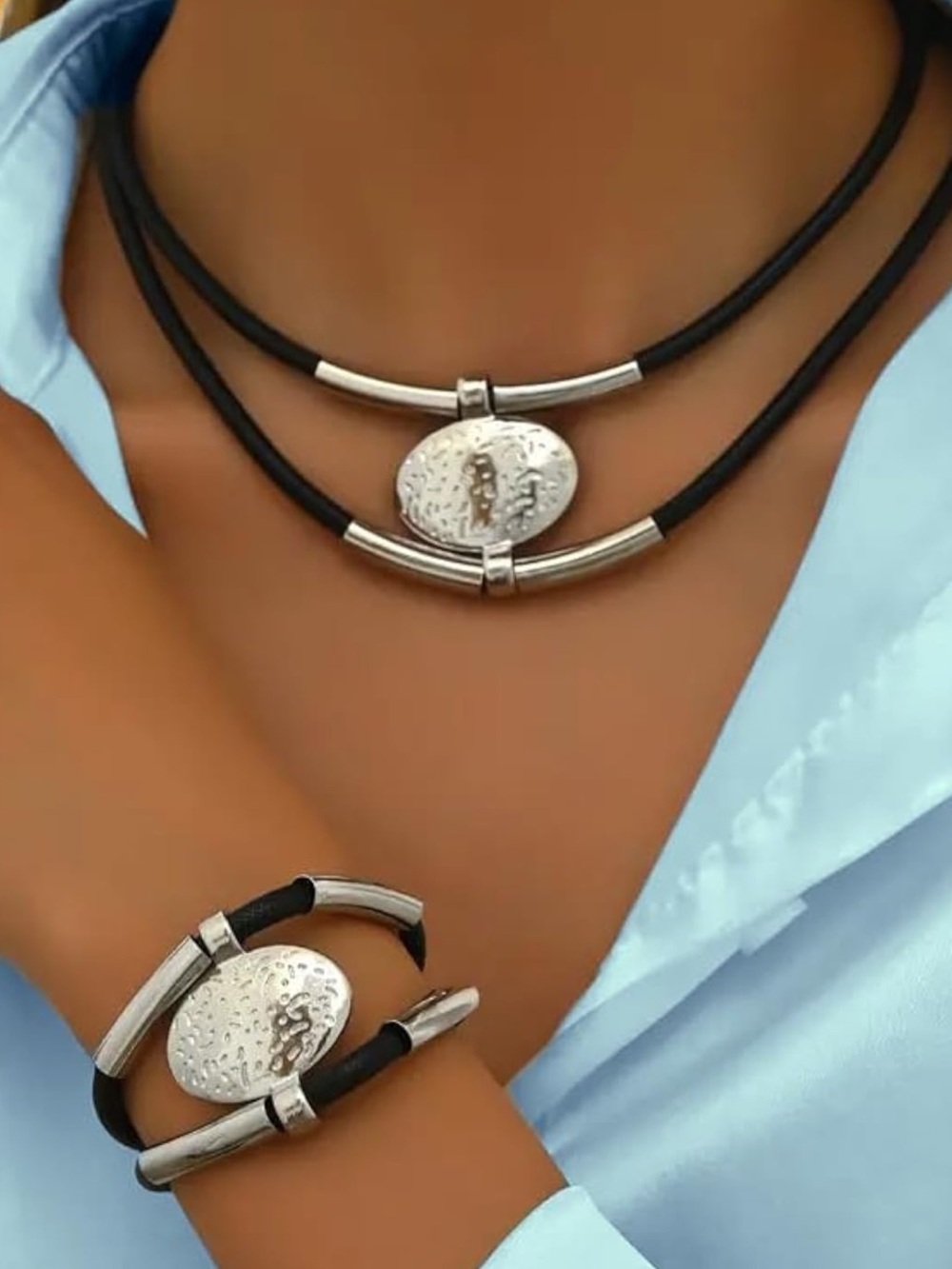 Anthropologie Black Cord Double-Layer Necklace with Silver Discs - Picture 1 of 7